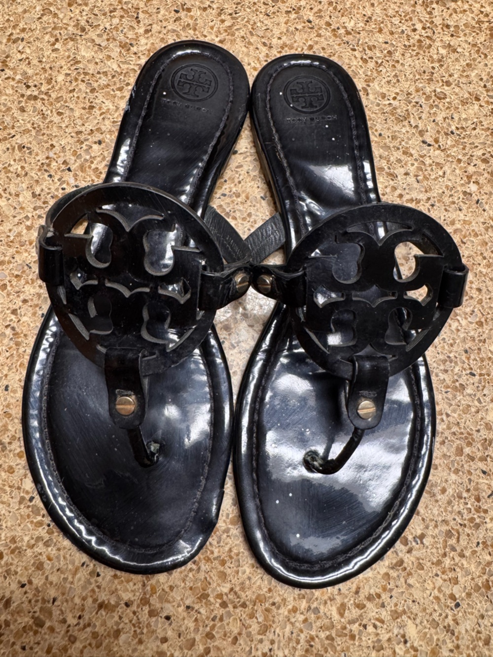 Tory Burch Black Patent Miller Logo Thong Sandals